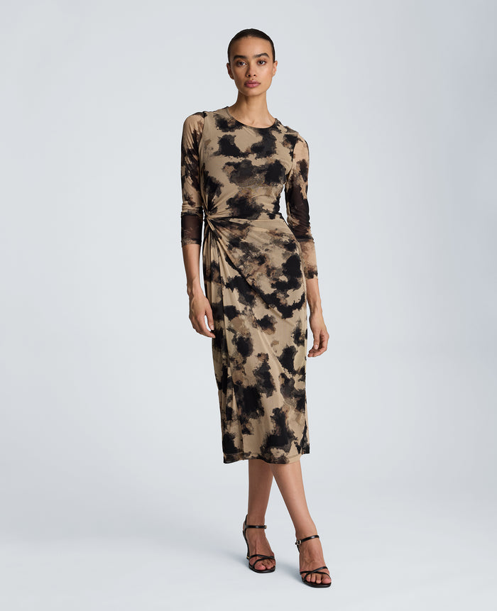 Knot Front Long Sleeve Mesh Midi Dress