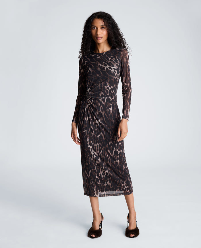 Knot Front Long Sleeve Mesh Midi Dress