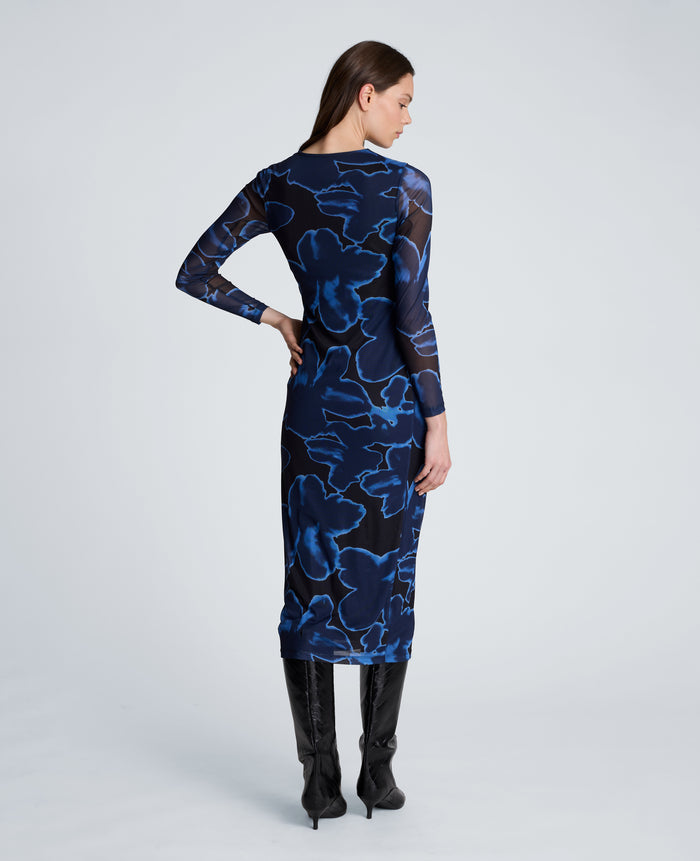 Knot Front Long Sleeve Mesh Midi Dress