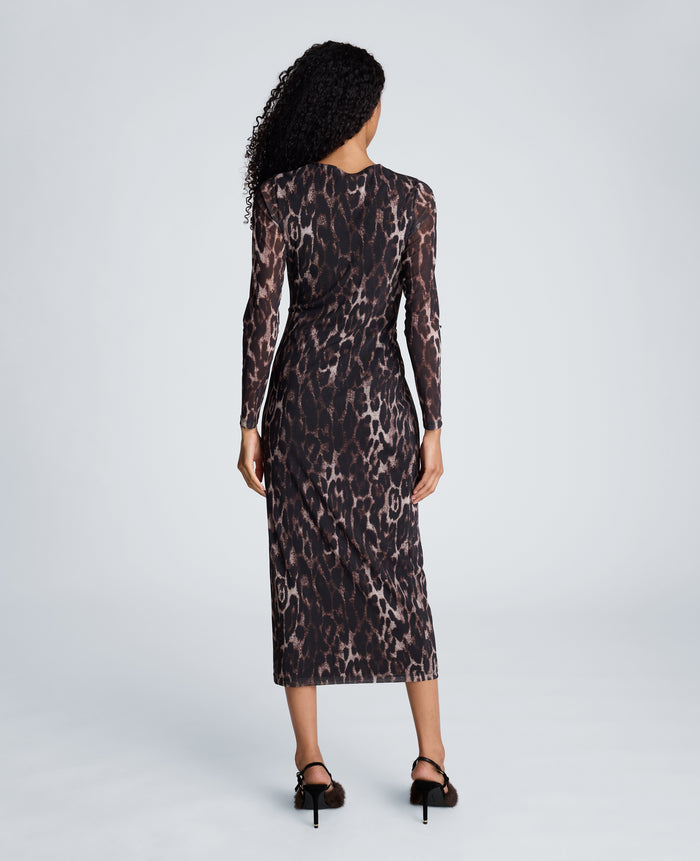 Knot Front Long Sleeve Mesh Midi Dress