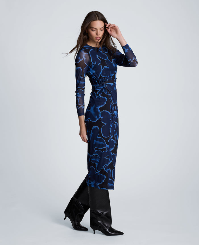 Knot Front Long Sleeve Mesh Midi Dress