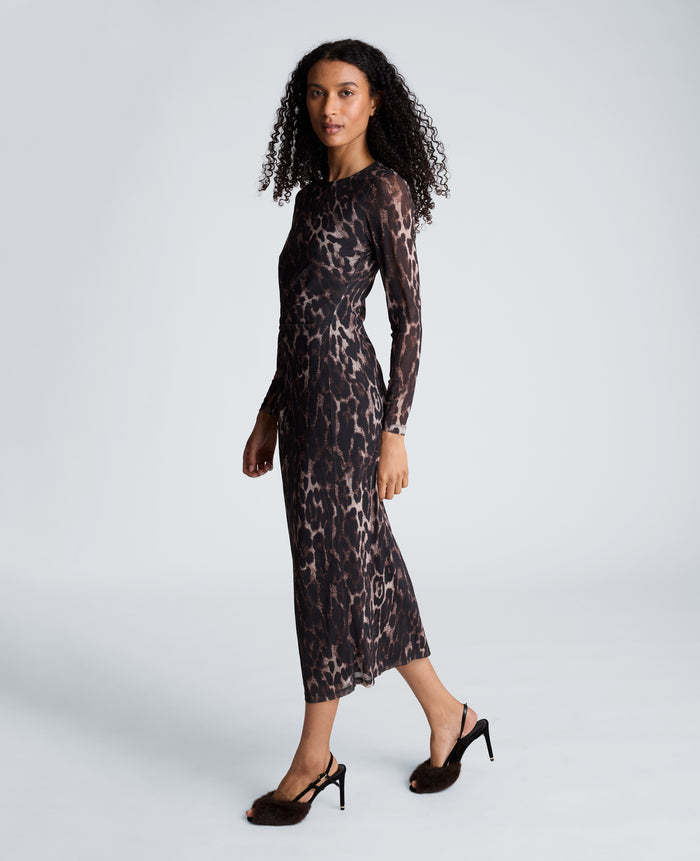 Knot Front Long Sleeve Mesh Midi Dress