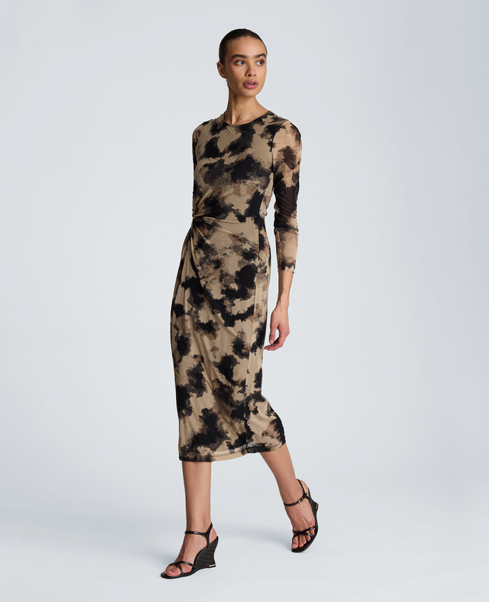 Knot Front Long Sleeve Mesh Midi Dress