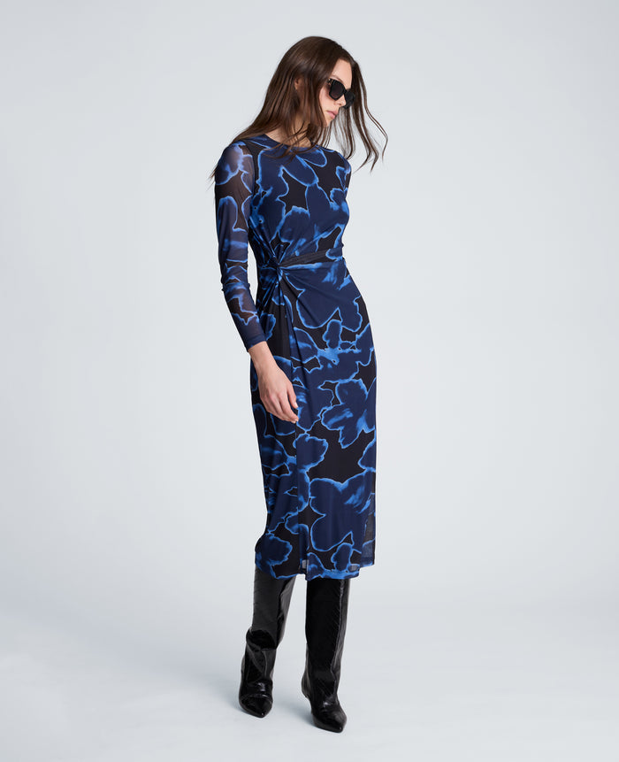 Knot Front Long Sleeve Mesh Midi Dress