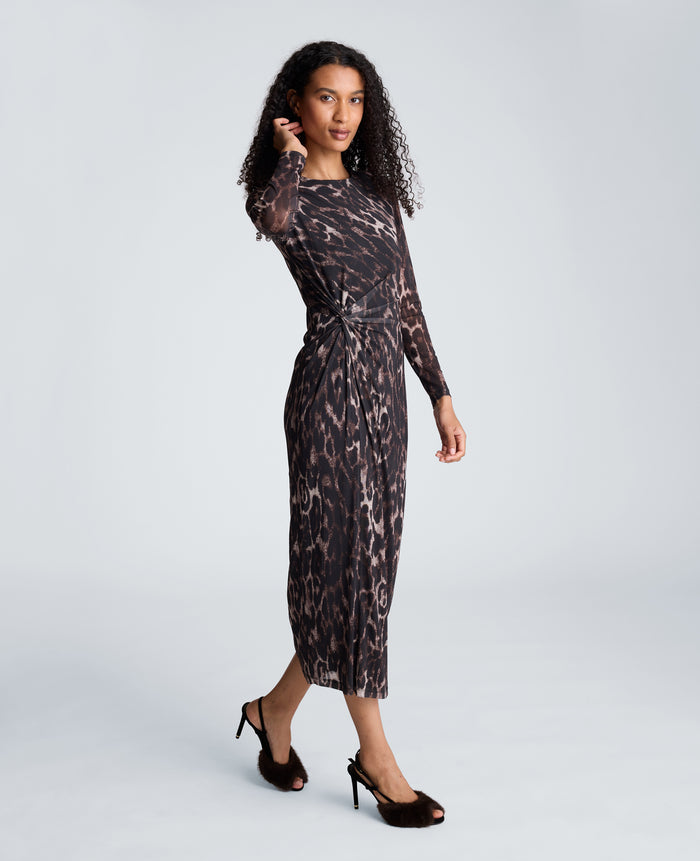 Knot Front Long Sleeve Mesh Midi Dress