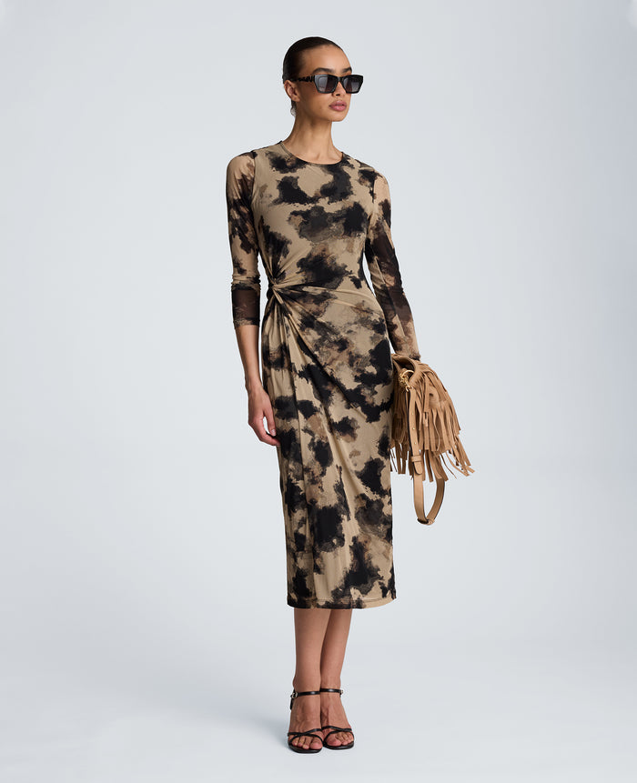 Knot Front Long Sleeve Mesh Midi Dress