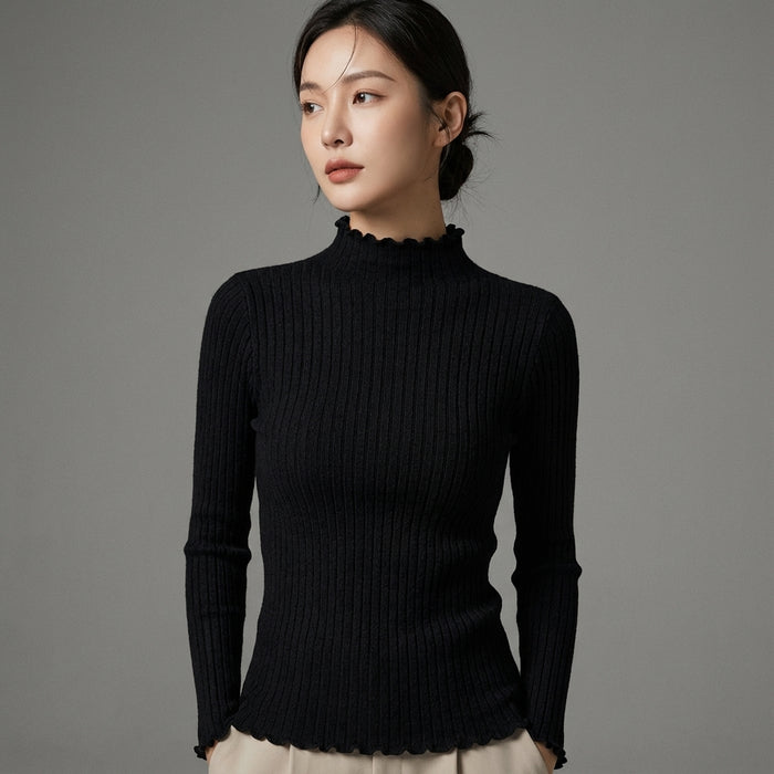 Pull coréen femme col montant à volants en maille, couleur noir, abricot, vert olive ou blanc. - Taille One Size
