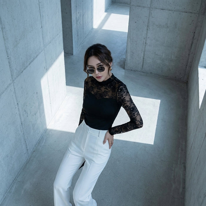 Chemisier noir col montant dentelle femme - Koreanxwear
