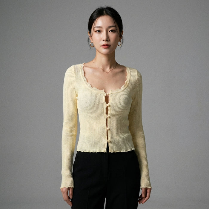 Cardigan en maille jaune clair avec col carré en dentelle - K-fashion femme - Taille S
