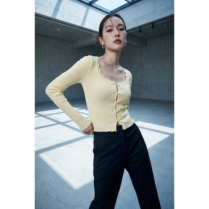 Cardigan en maille jaune clair avec col carré en dentelle - K-fashion femme