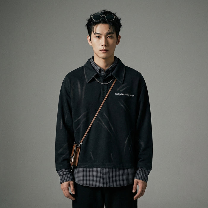 T-shirt noir col revers effet superposé délavé - Koreanxwear - Taille M