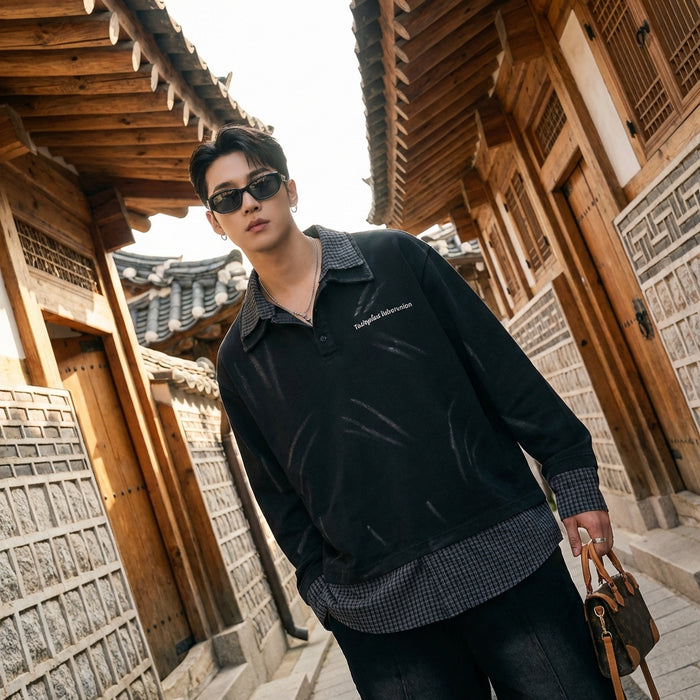 T-shirt noir col revers effet superposé délavé - Koreanxwear