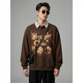 Sweatshirt "faux deux-pièces" unisexe, imprimé lettres et motifs floraux, col rabattu - Taille M