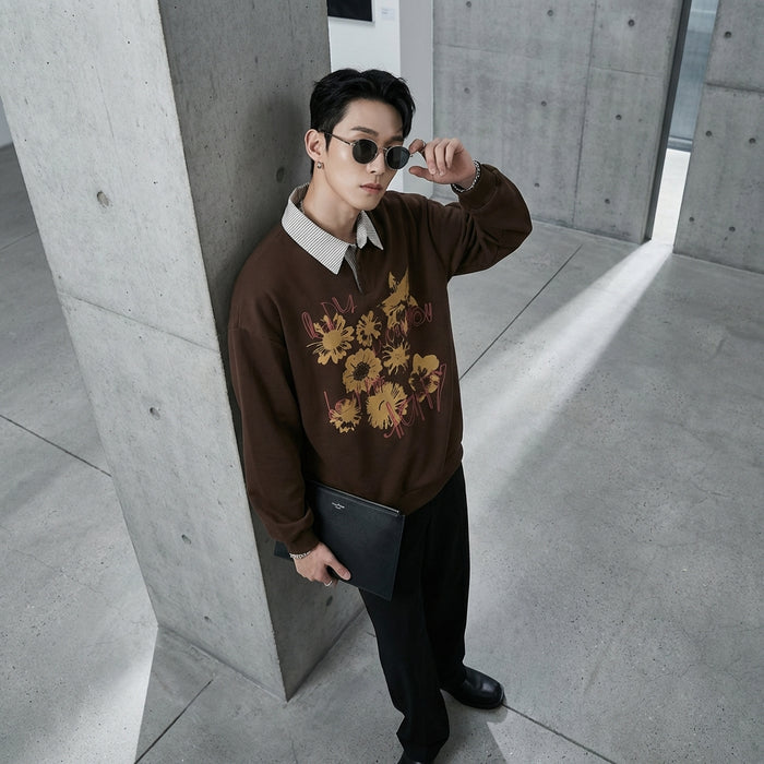 Sweatshirt "faux deux-pièces" unisexe, imprimé lettres et motifs floraux, col rabattu