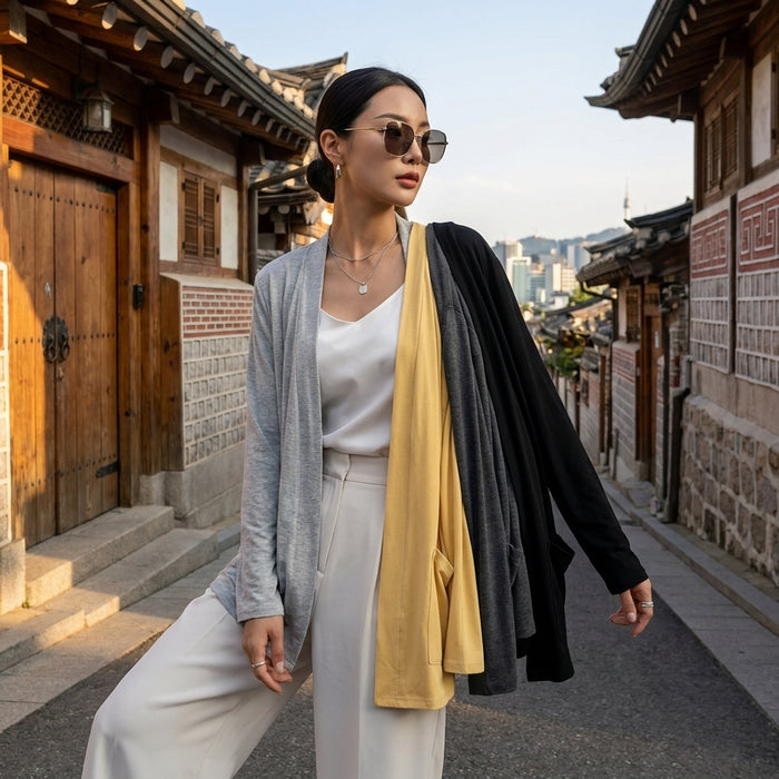 Cardigan léger col V gris clair, mode K-fashion femme