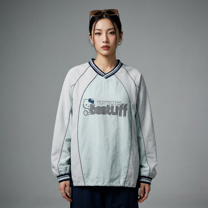 Sweat à capuche col V léger en bleu menthe et beige - K-fashion unisexe - Taille M