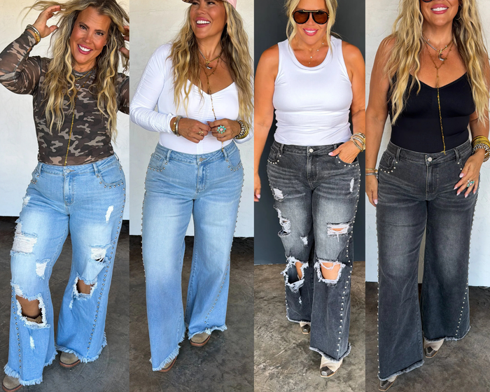 LIMITED STOCK // PREORDER: // OFF THE GRID STUDDED JEANS-Distressed and Classic // eta November