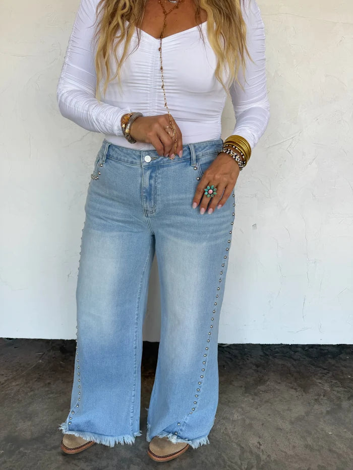 LIMITED STOCK // PREORDER: // OFF THE GRID STUDDED JEANS-Distressed and Classic // eta November