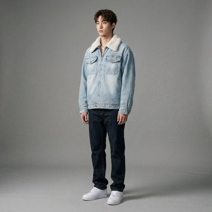 Veste en denim doublée pour homme, style rétro, couleur bleue - Koreanxwear - Taille M