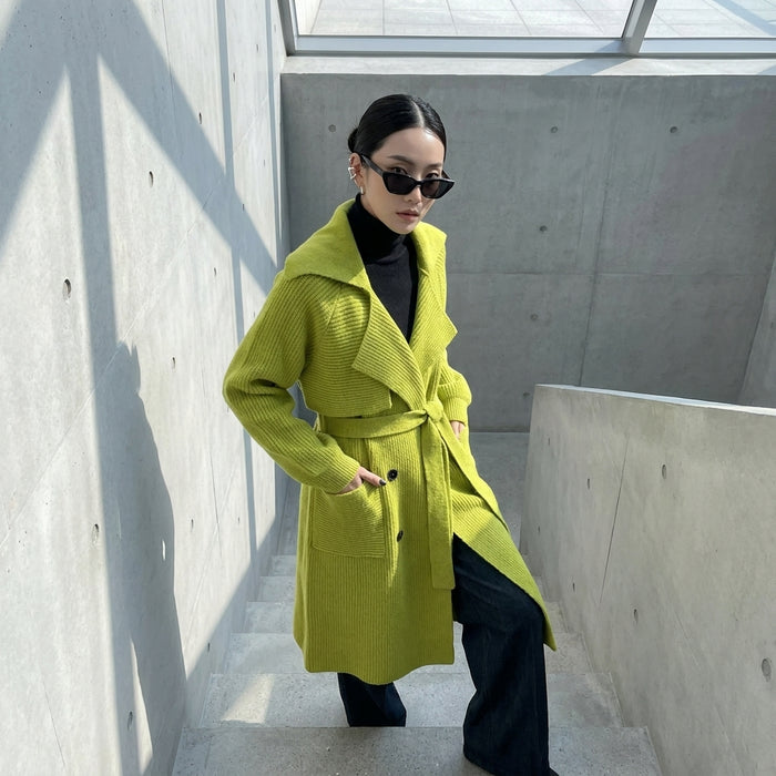 Cardigan long tricoté vert avec ceinture - Koreanxwear