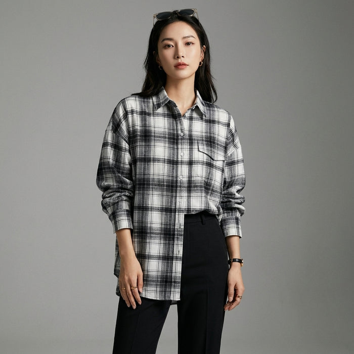 Chemise à carreaux longue noire et blanche décontractée - Koreanxwear - Taille S