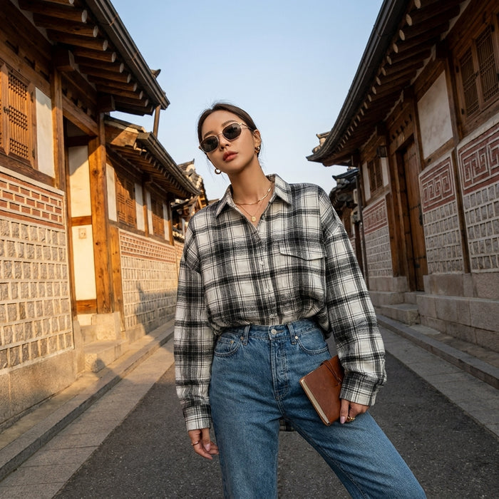 Chemise à carreaux longue noire et blanche décontractée - Koreanxwear