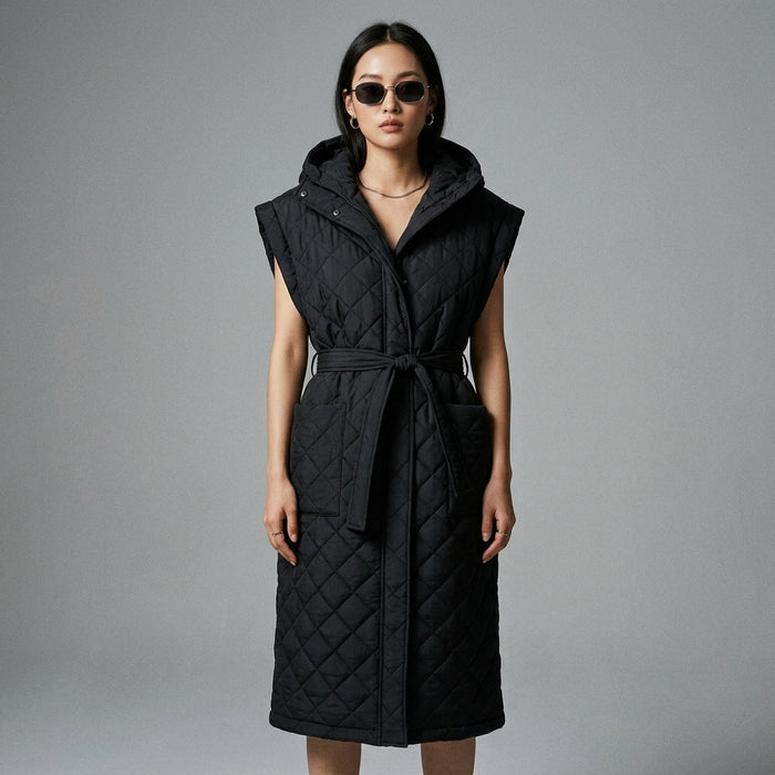Veste longue à capuche ceinturée femme - Mode Coréenne Noir - Taille S