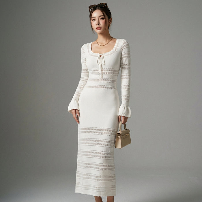 Robe longue maille col carré ajustée femme - Koreanxwear - Taille S