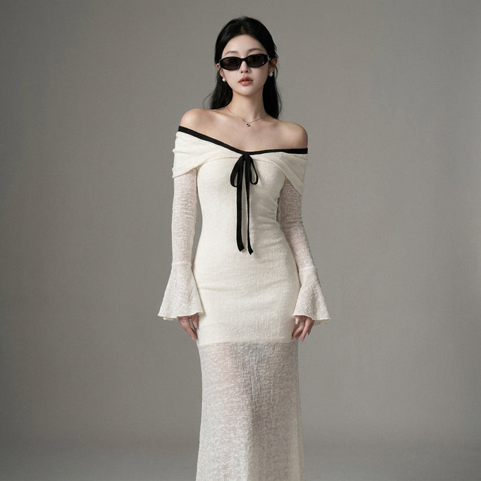 Robe longue blanche épaule dénudée manches évasées - Mode coréenne chic - Taille S