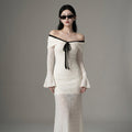 Robe longue blanche épaule dénudée manches évasées - Mode coréenne chic - Taille S