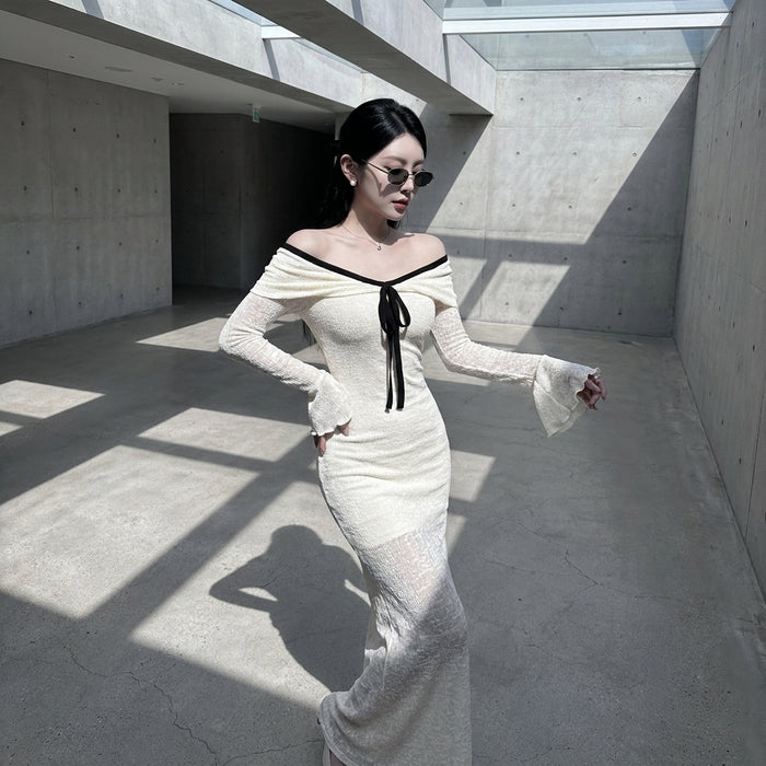 Robe longue blanche épaule dénudée manches évasées - Mode coréenne chic