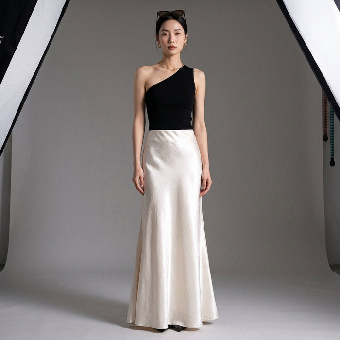 Jupe longue en satin coupe sirène couleur abricot perlé - Mode Coréenne - Taille S