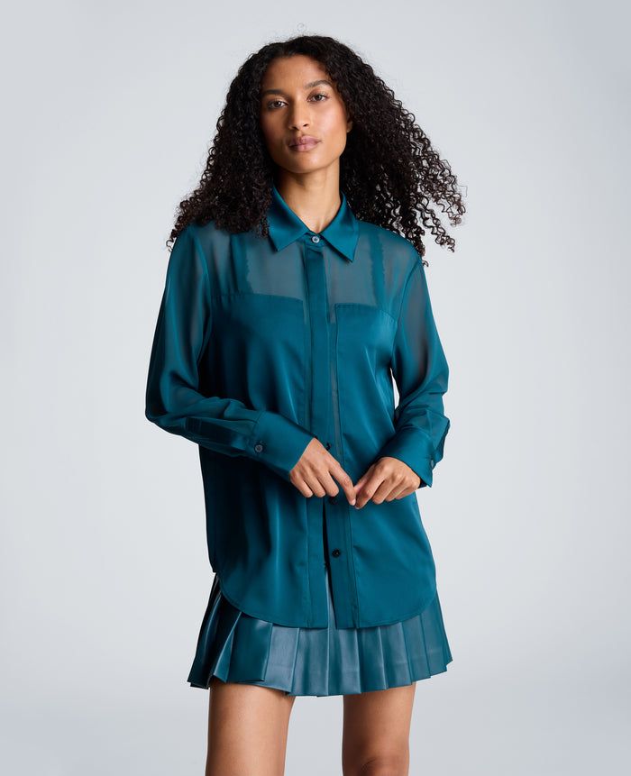 Long Sleeve Button Front Shirt with Sheer Sleeves