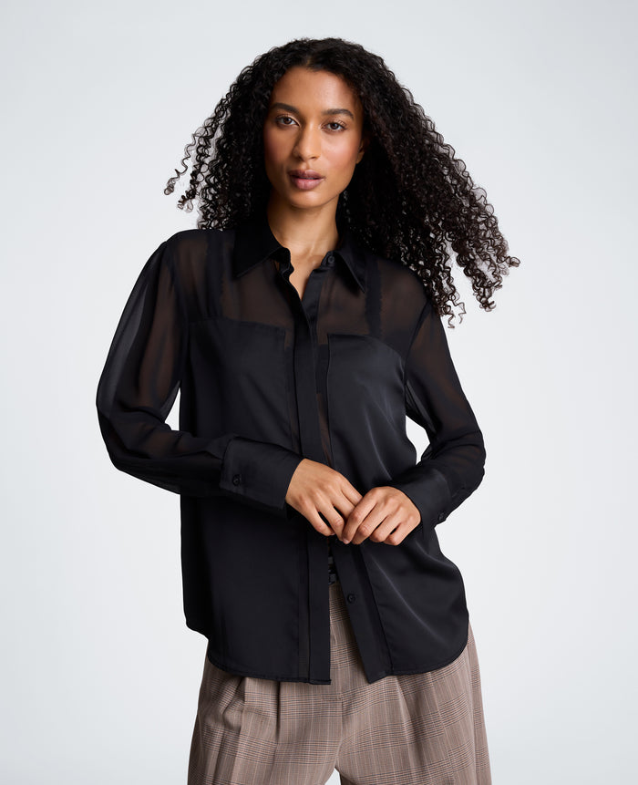 Long Sleeve Button Front Shirt with Sheer Sleeves