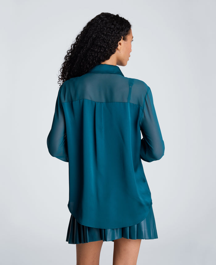 Long Sleeve Button Front Shirt with Sheer Sleeves