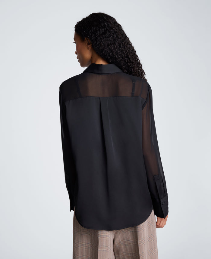 Long Sleeve Button Front Shirt with Sheer Sleeves