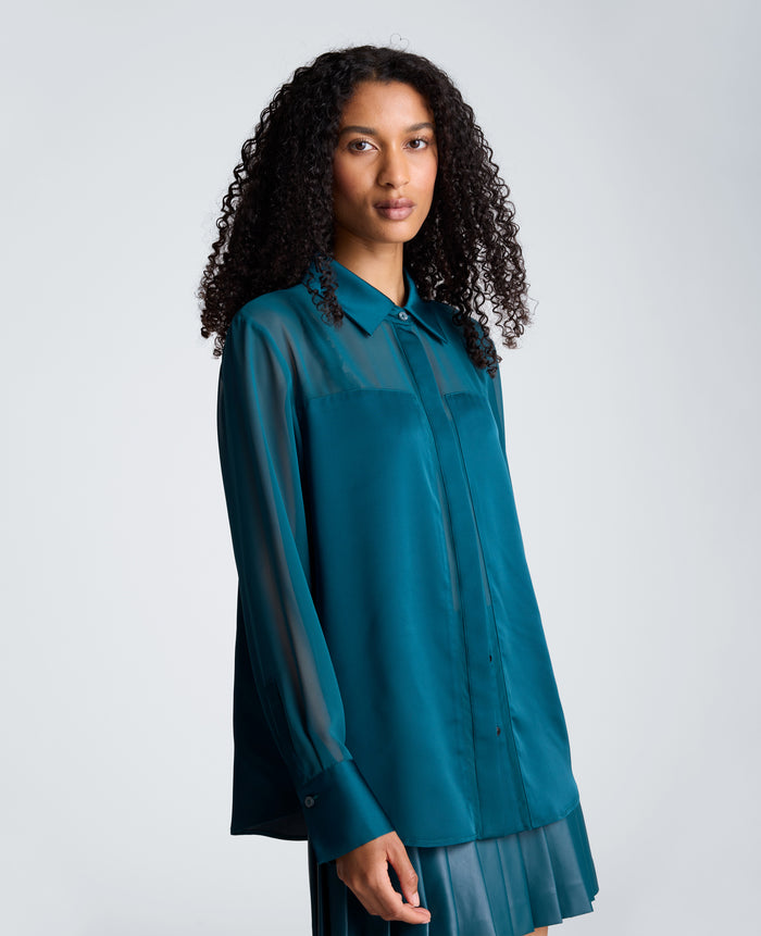 Long Sleeve Button Front Shirt with Sheer Sleeves