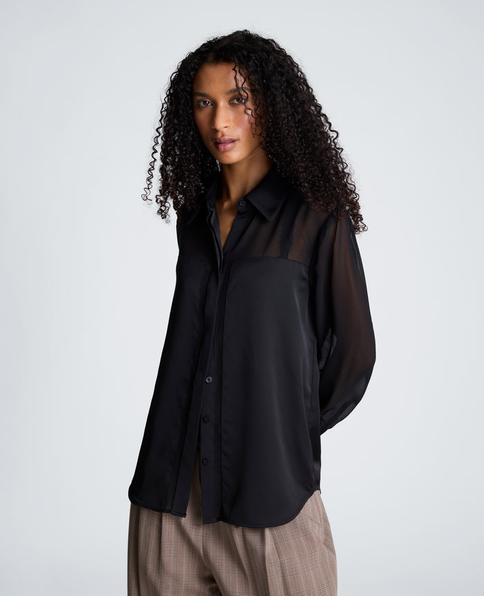 Long Sleeve Button Front Shirt with Sheer Sleeves
