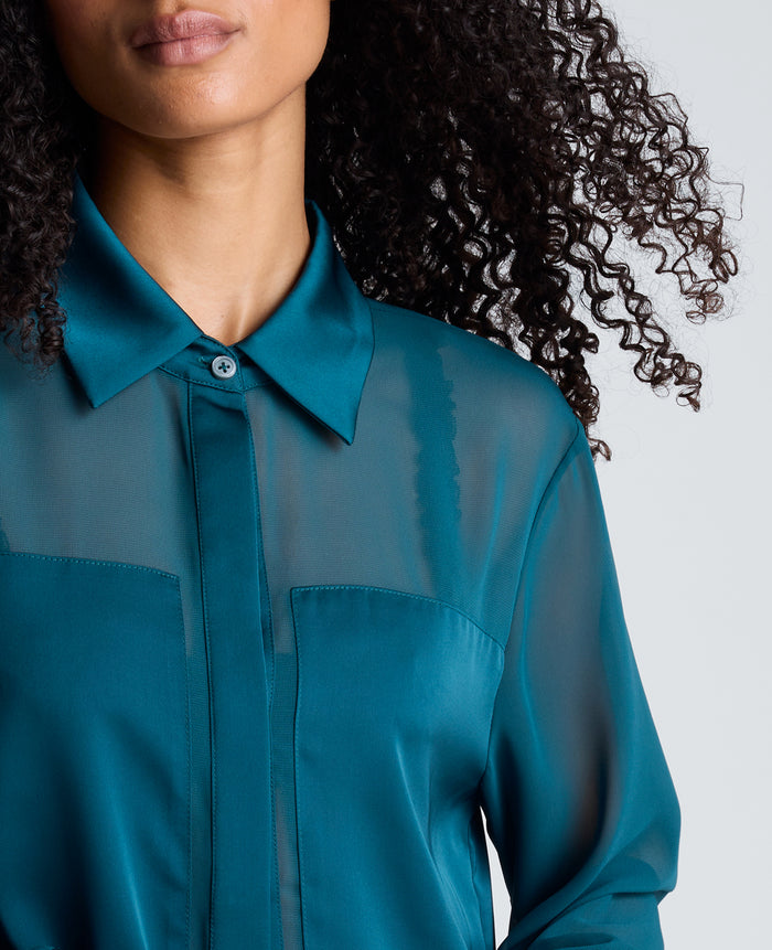 Long Sleeve Button Front Shirt with Sheer Sleeves