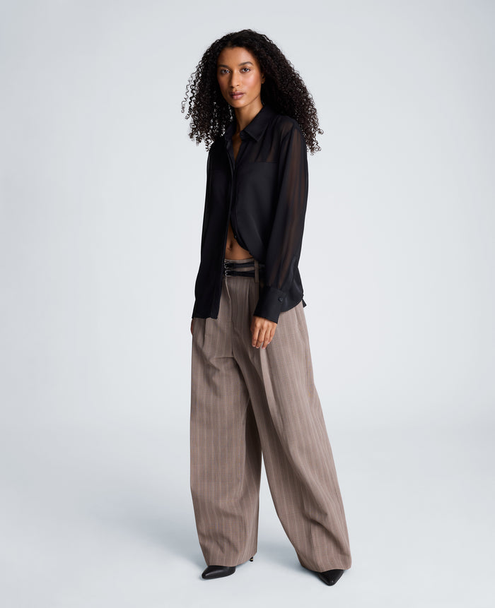 Long Sleeve Button Front Shirt with Sheer Sleeves