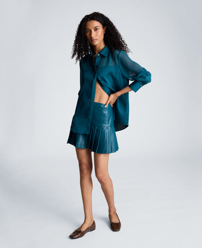 Long Sleeve Button Front Shirt with Sheer Sleeves