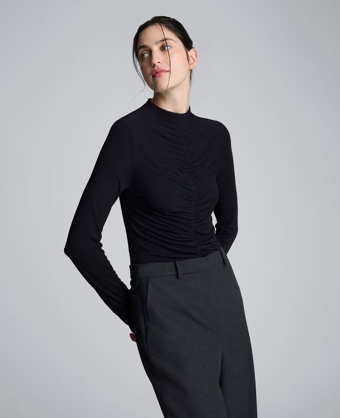 Long Sleeve Center Front Rouched Mockneck Knit Top