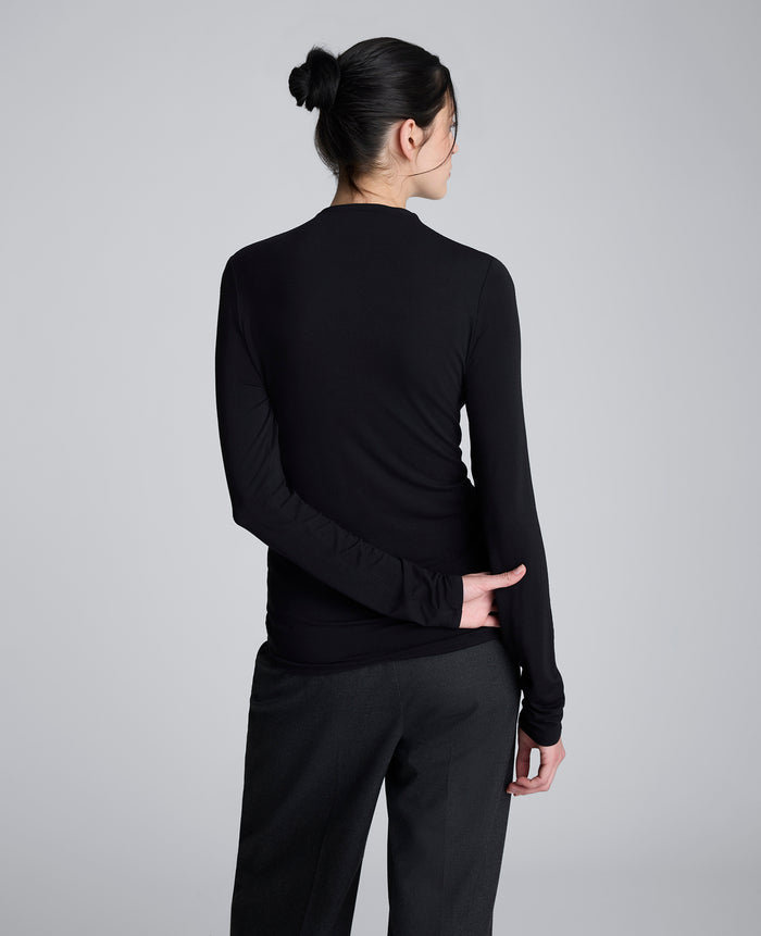 Long Sleeve Center Front Rouched Mockneck Knit Top