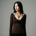 Top manches longues faux deux-pièces marron avec col perlé - Koreanxwear - Taille S