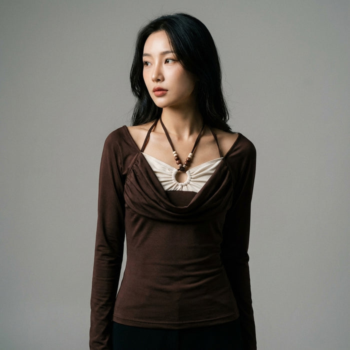 Top manches longues faux deux-pièces marron avec col perlé - Koreanxwear - Taille S