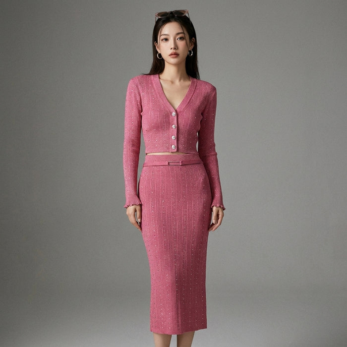 Ensemble top manches longues col V et jupe longue taille haute - Koreanxwear - Taille S