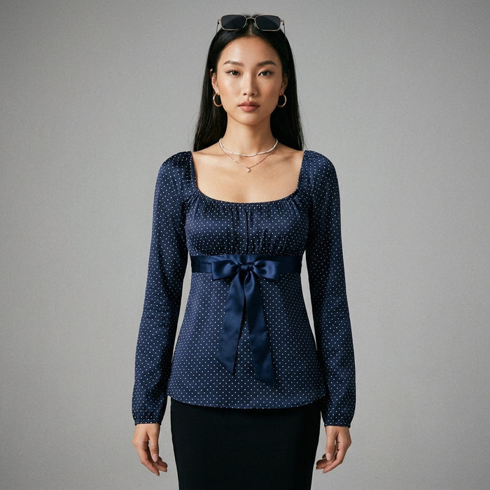 Top manches longues bleu foncé avec nœud à l'épaule - K-fashion femme - Taille S