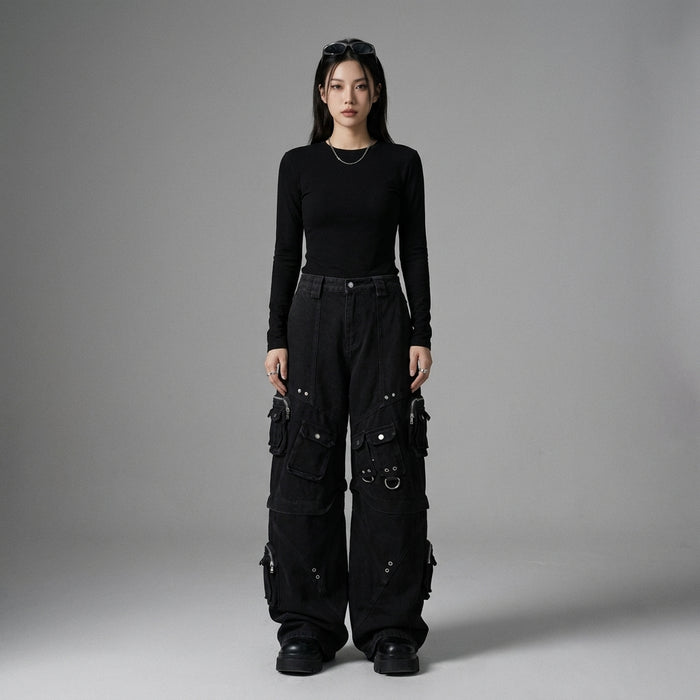 Pantalon cargo denim ample noir - K-fashion streetwear - Taille M