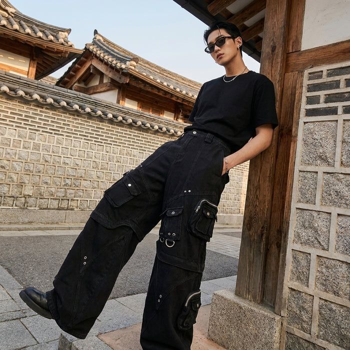Pantalon cargo denim ample noir - K-fashion streetwear