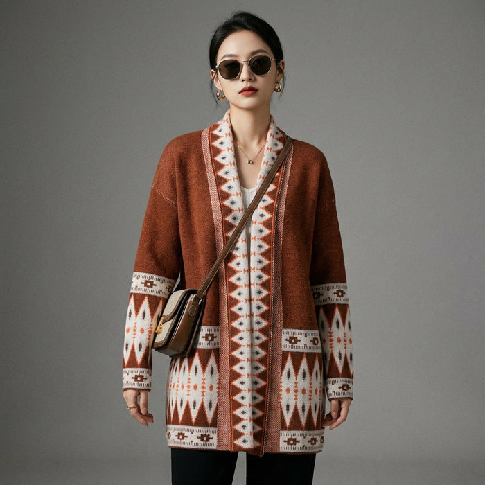 Cardigan long tricoté ample avec motif géométrique - K-fashion - Taille brown